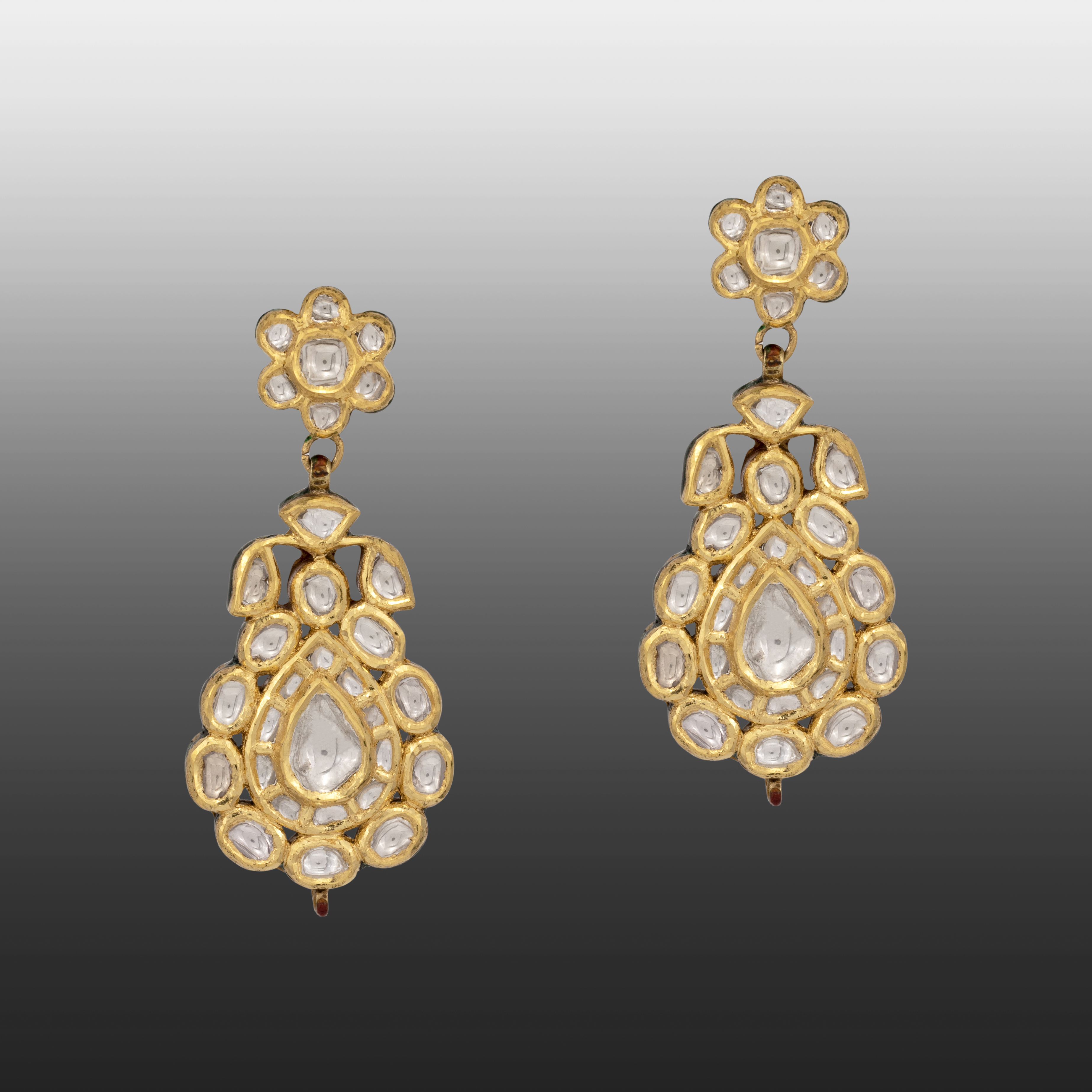 Teardrop Polki Earrings with Floral Gold Accents